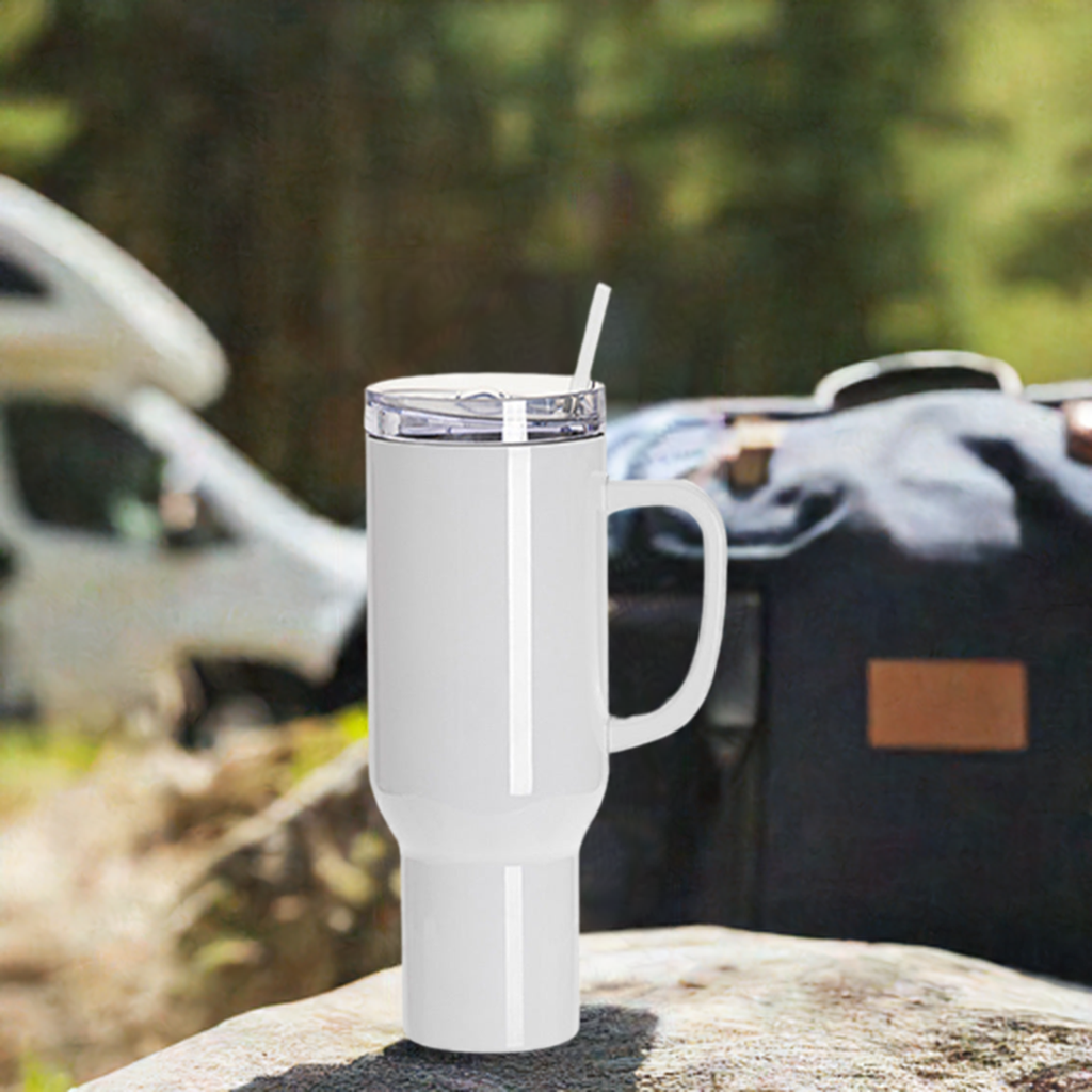 Pearl Coating™ 40oz Sublimation Stainless Steel White Travel Tumbler with Clear Flat Lid & Handle - Pack of 5 - Joto Imaging Supplies Canada